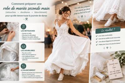 Comment préparer une robe de mariée seconde main (retouches, doublures, blanchiment) pour qu’elle tienne toute la journée de danse