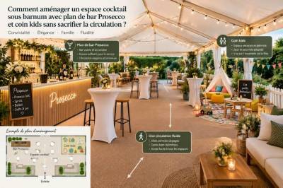 Comment aménager un espace cocktail sous barnum avec plan de bar Prosecco et coin kids sans sacrifier la circulation