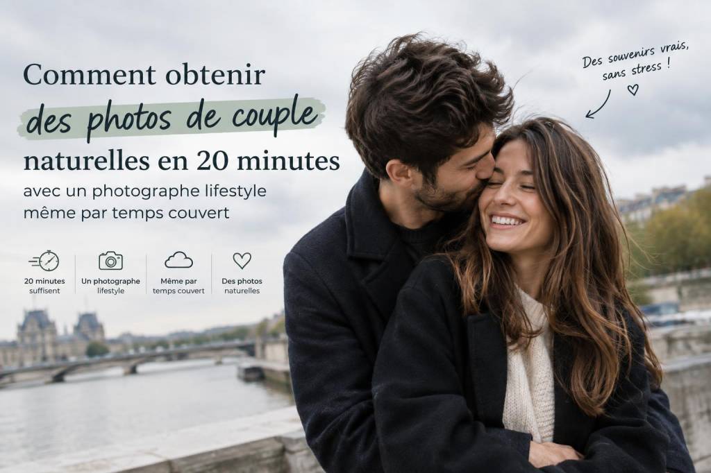 Comment obtenir des photos de couple naturelles en 20 minutes avec un photographe lifestyle même par temps couvert