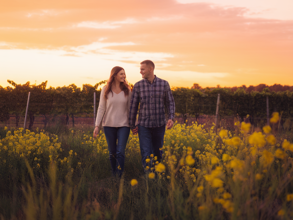 Quel plan lumière louer pour sublimer vos photos de couple au coucher du soleil dans un champ ou un vignoble